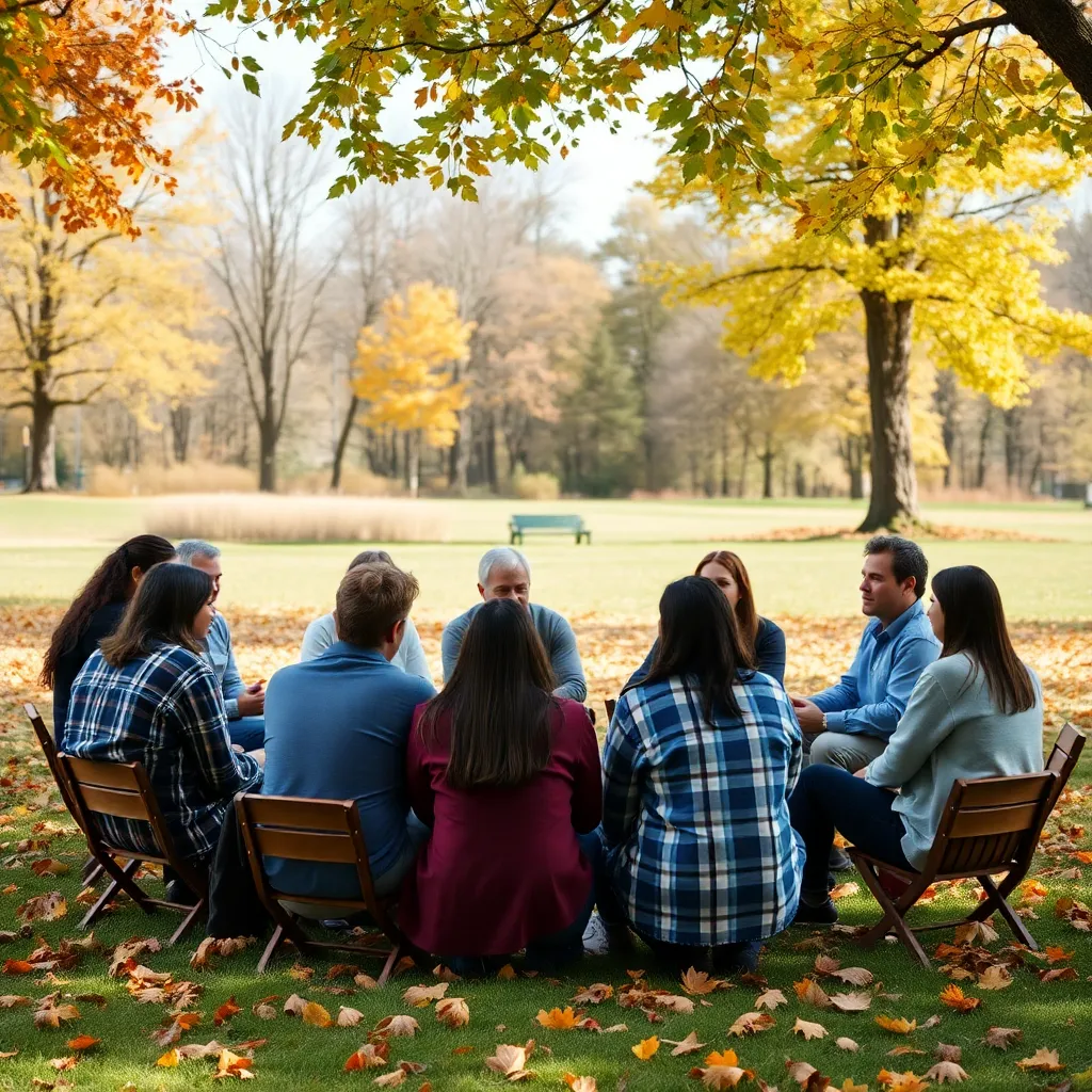 A group of people in a circle outdoors, representing community and peer support in recovery